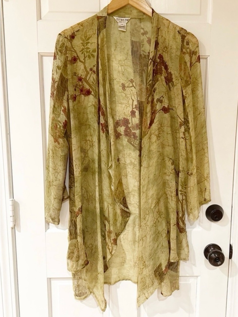 Citron Santa Monica Green Silk Floral Duster Kimono M